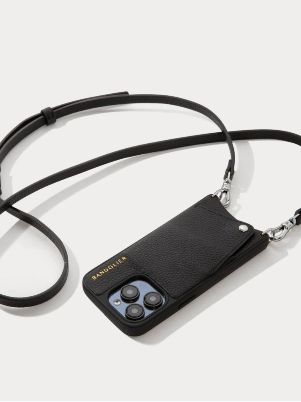 Bandolier Black Leather Crossbody Phone Case with Strap